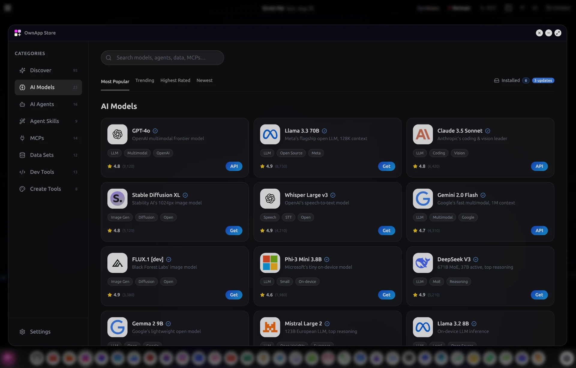 The OwnApp Store showing AI models with ratings, tags and install buttons