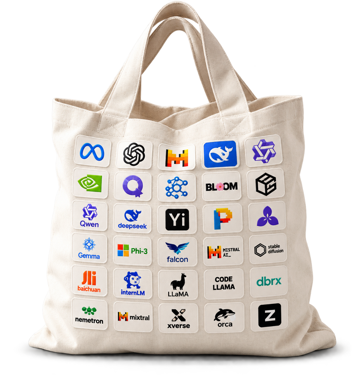 Tote bag covered in patches of open-weight AI model logos